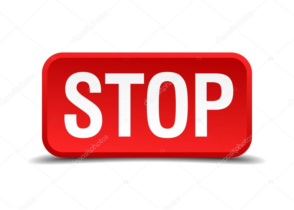 Stop red 3d square button isolated on white
