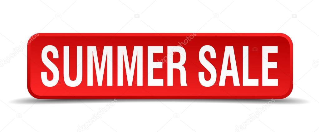 Summer sale red 3d square button isolated on white