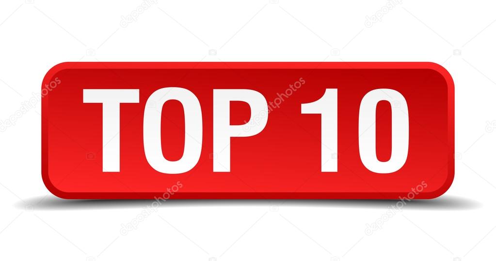 Top 10 red 3d square button isolated on white