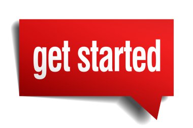 Get started red 3d realistic paper speech bubble clipart