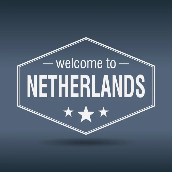 Bienvenido a Holanda etiqueta vintage blanco hexagonal — Vector de stock