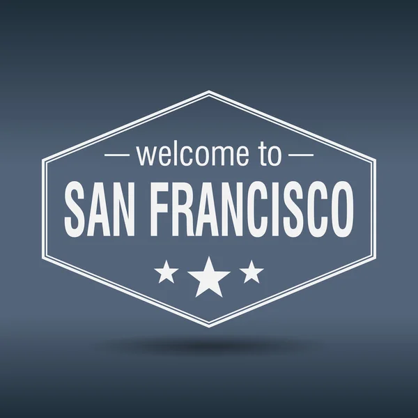 Bienvenido a San Francisco etiqueta vintage blanco hexagonal — Archivo Imágenes Vectoriales