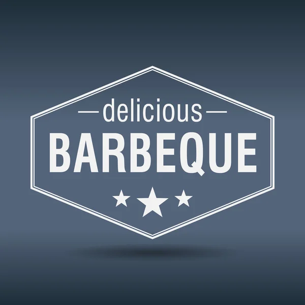 Delicious barbeque hexagonal white vintage retro style label — Stock Vector