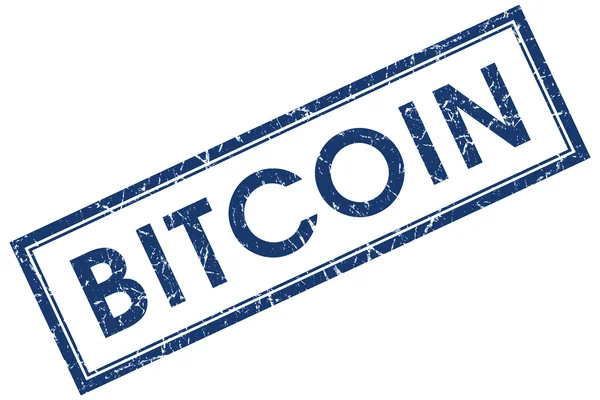 Bitcoin blauer quadratischer Stempel auf weißem Hintergrund — Stockfoto