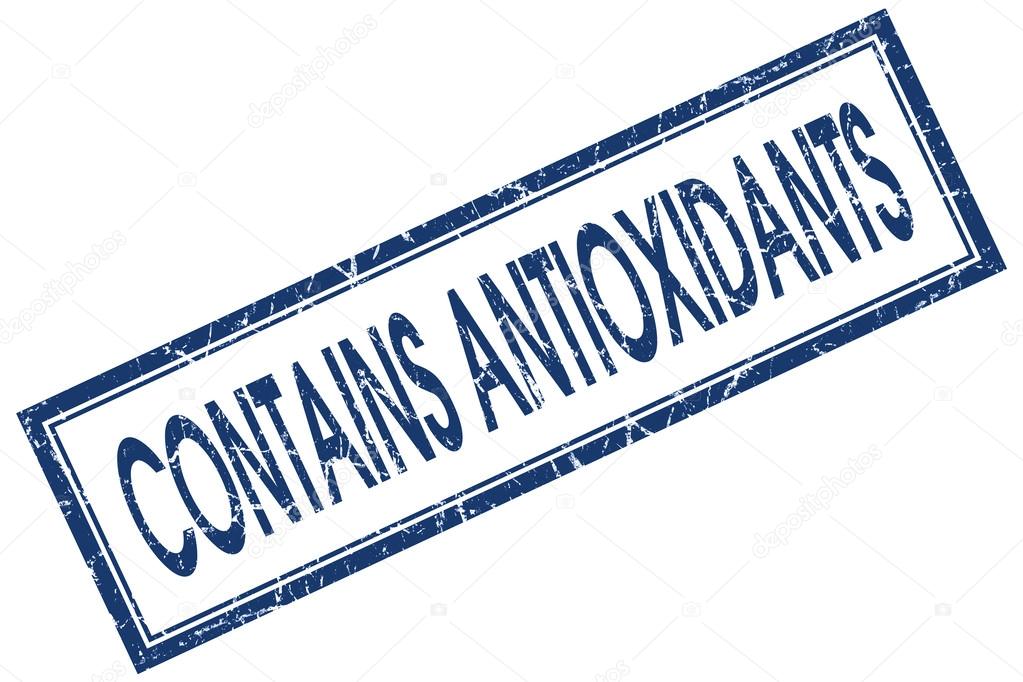 contains antioxidants blue square stamp isolated on white background