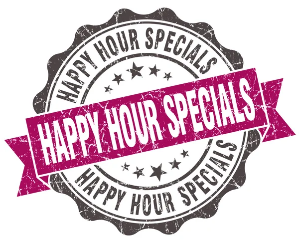 Happy hour specials grunge violet seal isolated on white — Stock Photo, Image