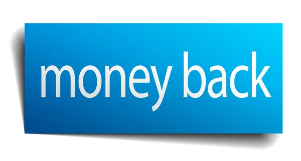 Geld zurück blaues Papierschild auf weißem Hintergrund — Stockvektor
