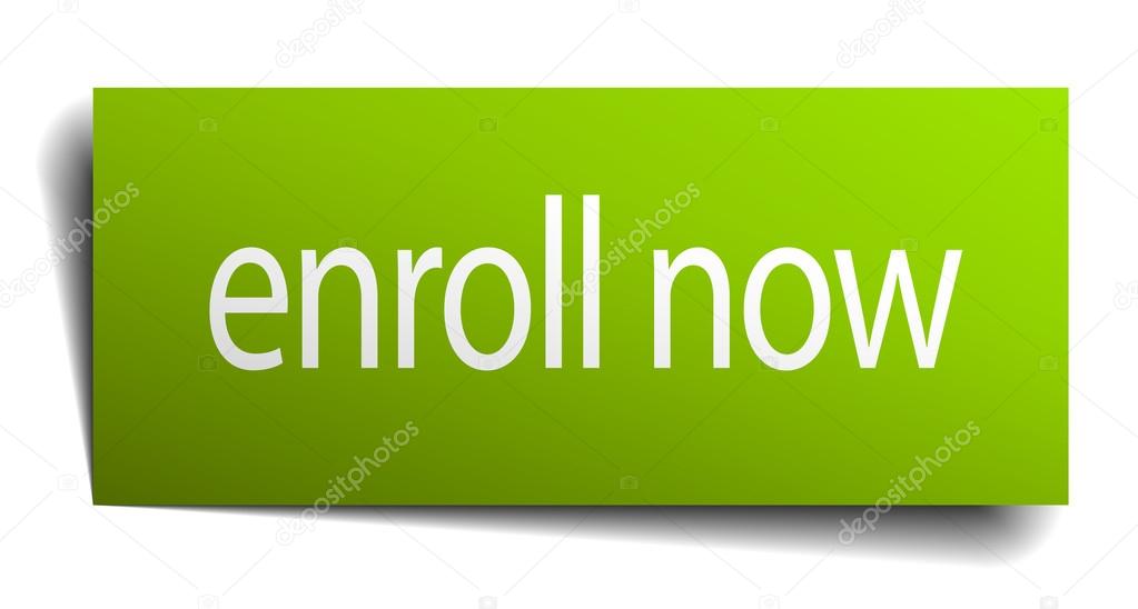 enroll now green paper sign isolated on white