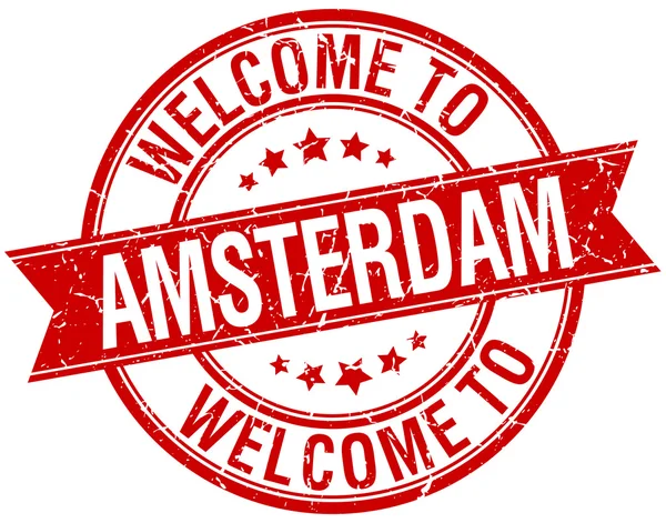 Welcome to Amsterdam red round ribbon stamp — Stock Vector