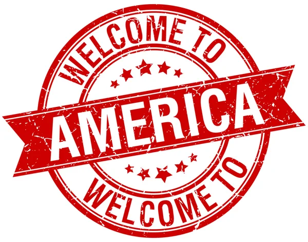 Bienvenue en Amérique ruban rond rouge timbre — Image vectorielle