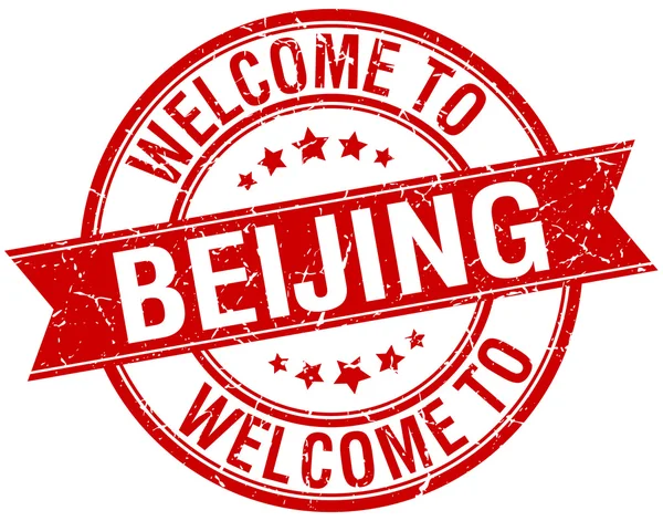 Welkom bij Beijing red ronde lint stempel — Stockvector