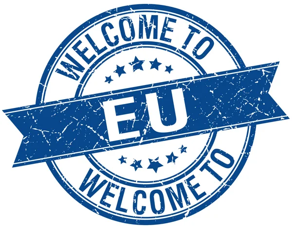 Welcome to eu blue round ribbon stamp — Stock Vector