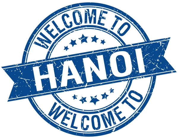 Vítejte v Hanoi modrá stuha kulaté razítko — Stockový vektor
