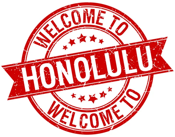 Bienvenue au ruban rond rouge Honolulu timbre — Image vectorielle