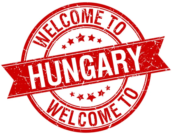Benvenuto in Ungheria timbro del nastro rosso rotondo — Vettoriale Stock