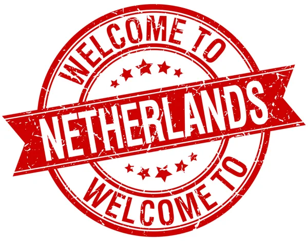 Bem-vindo ao selo de fita redonda vermelha dos Países Baixos — Vetor de Stock