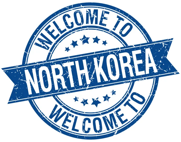 Welcome to North Korea blue round ribbon stamp — Stock Vector