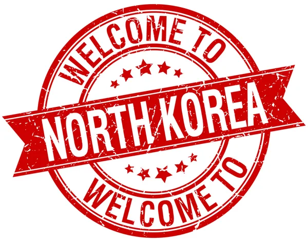 Welcome to North Korea red round ribbon stamp — Stock Vector