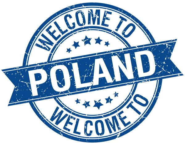 Benvenuto in Polonia timbro del nastro rotondo blu — Vettoriale Stock