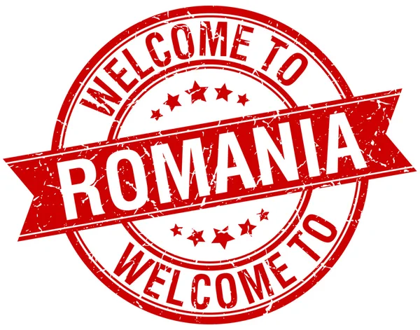 Welcome to Romania red round ribbon stamp — Stock Vector