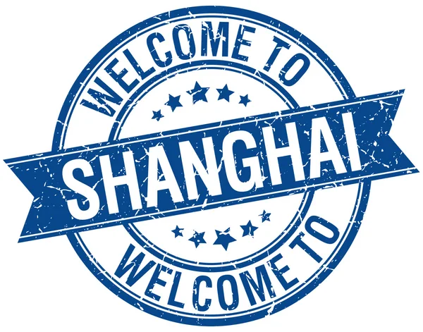 Welcome to Shanghai blue round ribbon stamp — Stock Vector