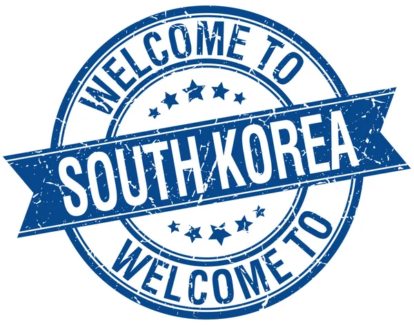 Welcome to South Korea blue round ribbon stamp — Stock Vector