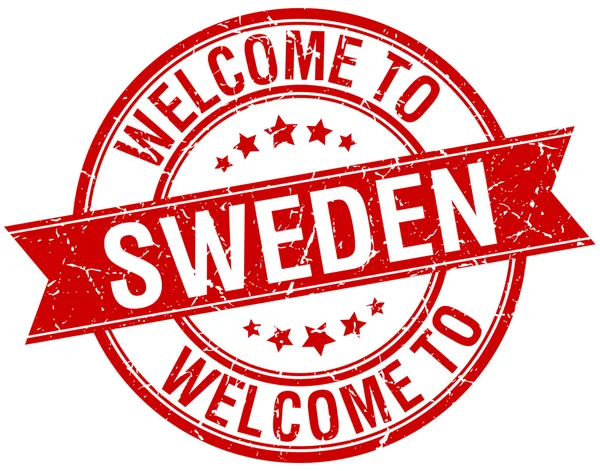 Benvenuto in Svezia timbro del nastro rosso rotondo — Vettoriale Stock
