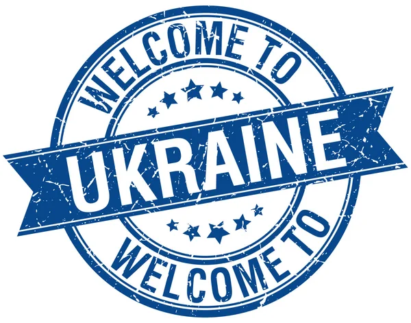 Welcome to Ukraine blue round ribbon stamp — Stock Vector