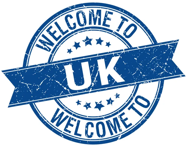 Welcome to uk blue round ribbon stamp — Stock Vector
