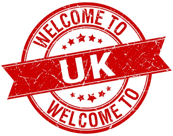 Welcome to uk red round ribbon stamp — Stock Vector