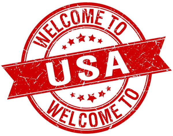 Bienvenido a EE.UU. sello de cinta redonda roja — Vector de stock