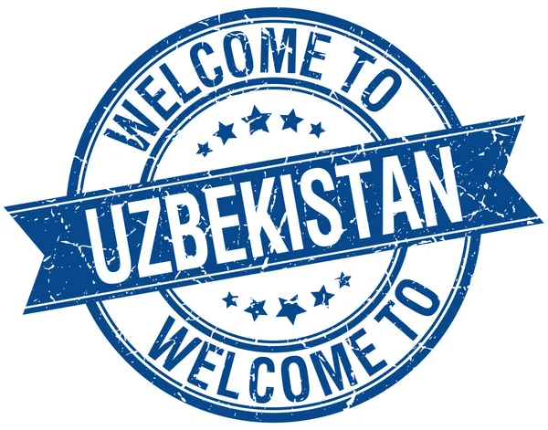 Добро пожаловать в Узбекистан синяя круглая лента — стоковый вектор