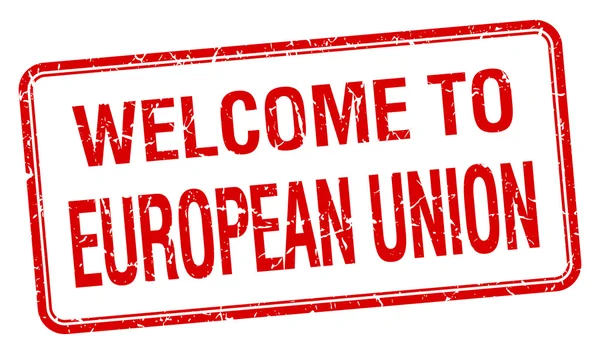 Bienvenido al sello cuadrado grunge rojo de la unión europea — Vector de stock