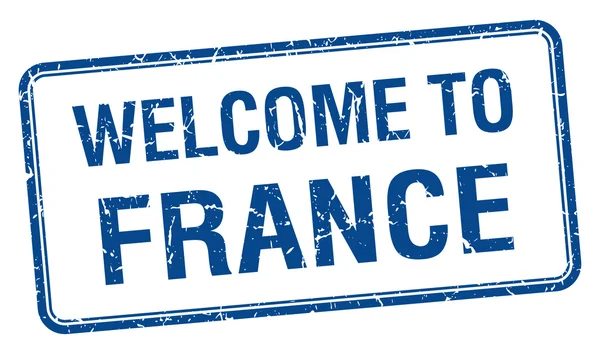 Benvenuto in Francia francobollo quadrato grunge blu — Vettoriale Stock