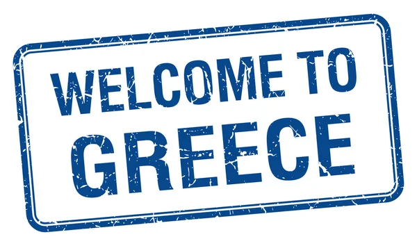 Welkom in Griekenland blauw grunge vierkante stempel — Stockvector
