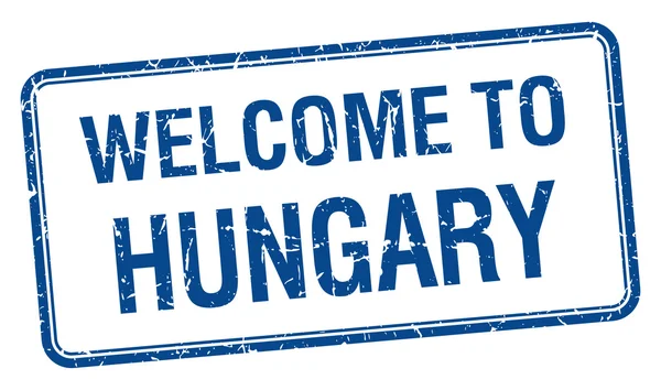 Benvenuto in Ungheria francobollo quadrato grunge blu — Vettoriale Stock