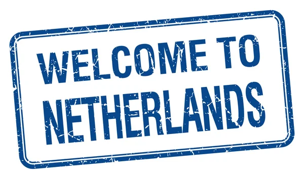 Bem-vindo ao selo quadrado de grunge azul da Holanda — Vetor de Stock