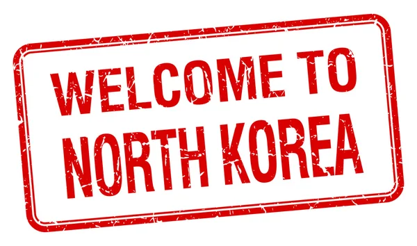 Welcome to North Korea red grunge square stamp — Stock Vector