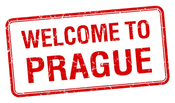 Benvenuto a Praga francobollo quadrato grunge rosso — Vettoriale Stock