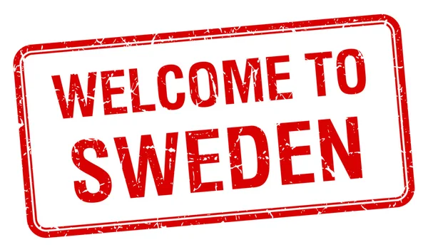 Benvenuto in Svezia francobollo quadrato grunge rosso — Vettoriale Stock