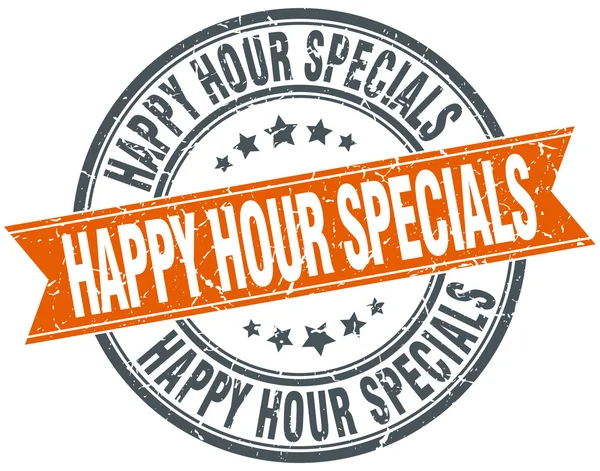 Happy hour specials round orange grungy vintage isolated stamp — Stock Vector