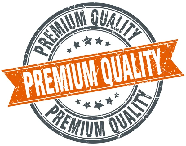 Calidad premium redondo naranja grungy vintage sello aislado — Vector de stock