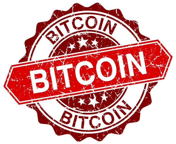 Bitcoin rosso rotondo grunge timbro su bianco — Vettoriale Stock