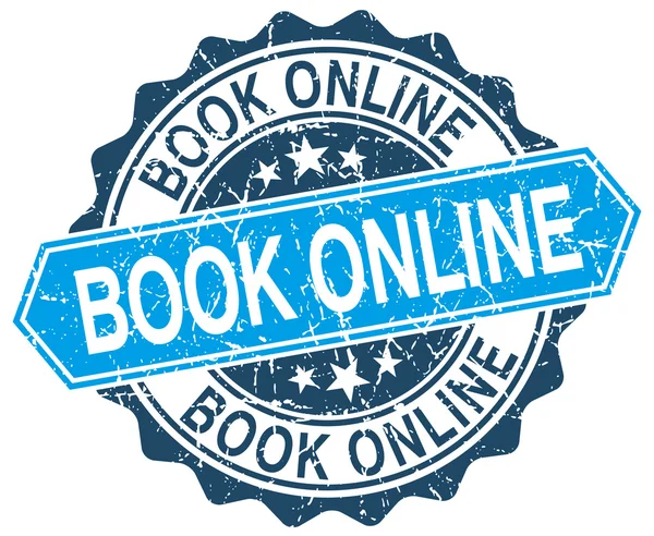 Livro online azul redondo grunge selo em branco — Vetor de Stock