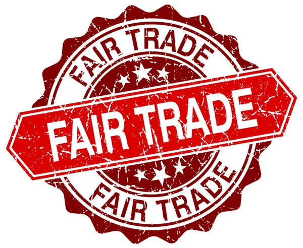 Fair trade red round grunge stamp on white — Stock Vector