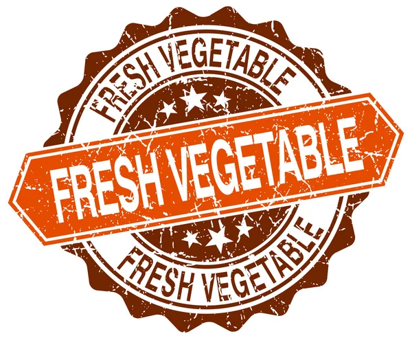 Fresh vegetable orange round grunge stamp on white — Stock Vector