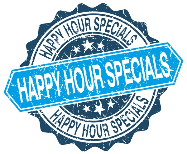 Happy Hour Specials blauer Round Grunge Stempel auf Weiß — Stockvektor