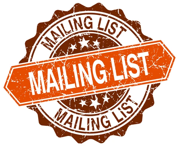 Mailing list arancio timbro grunge rotondo su bianco — Vettoriale Stock