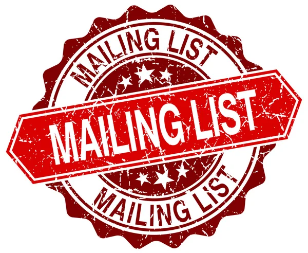 Mailing list timbre grunge rond rouge sur blanc — Image vectorielle