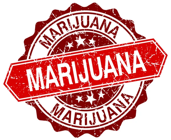 Timbre grunge rond rouge marijuana sur blanc — Image vectorielle